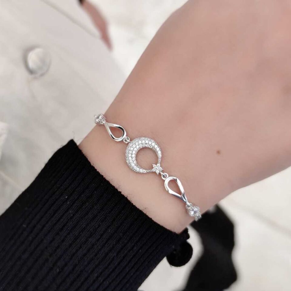 AY YILDIZ GÜMÜŞ BİLEKLİK RODYUM BEYAZ - STD