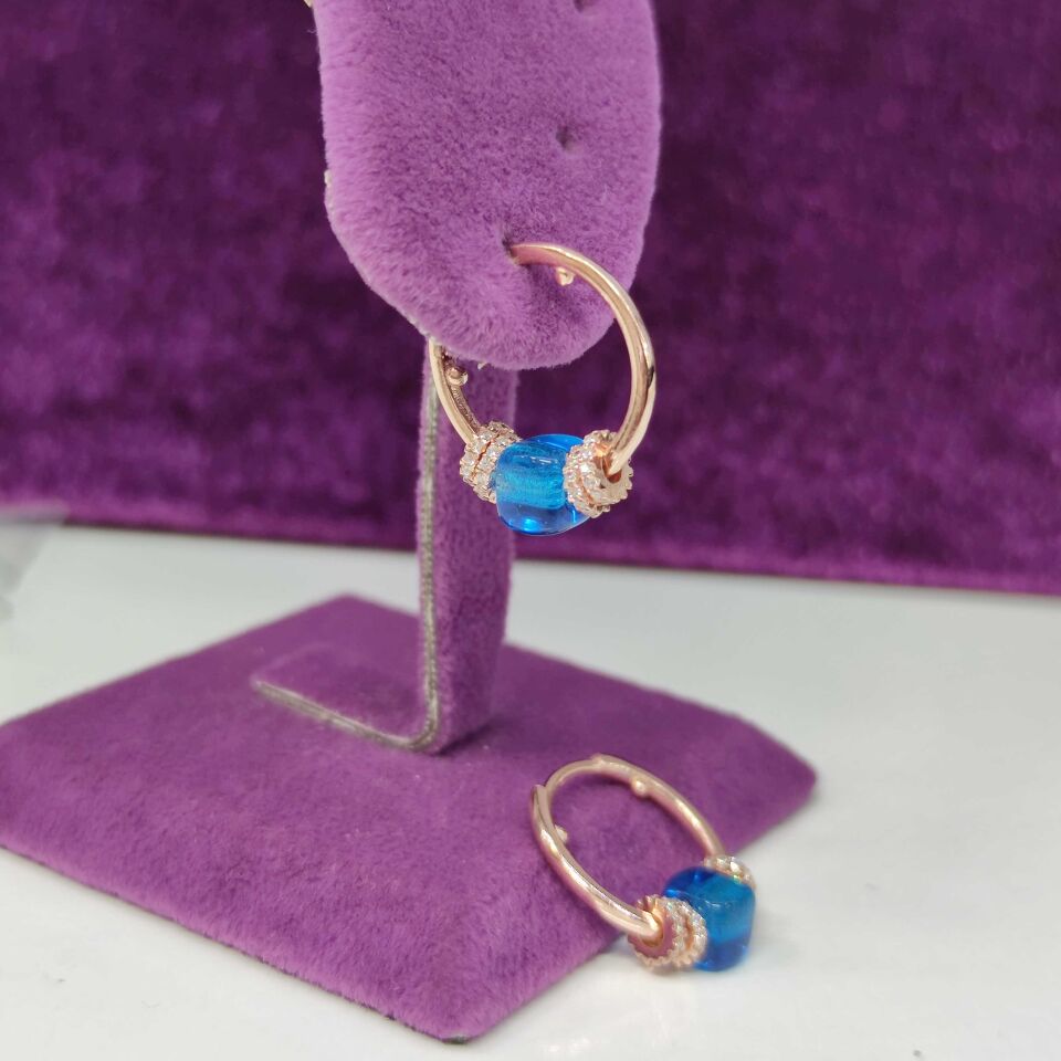 HALKALI CAM BONCUKLU HALKA GÜMÜŞ KÜPE ROSE BAKIR - STD