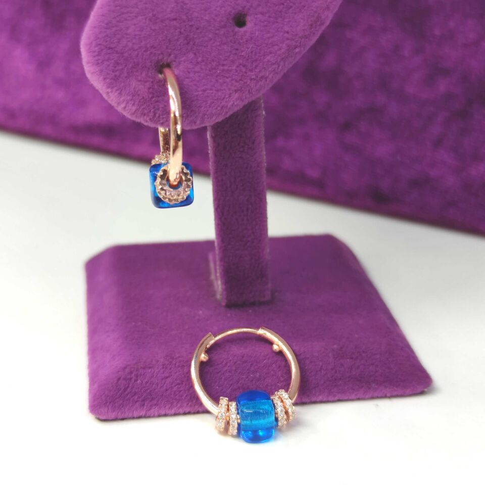 HALKALI CAM BONCUKLU HALKA GÜMÜŞ KÜPE ROSE BAKIR - STD