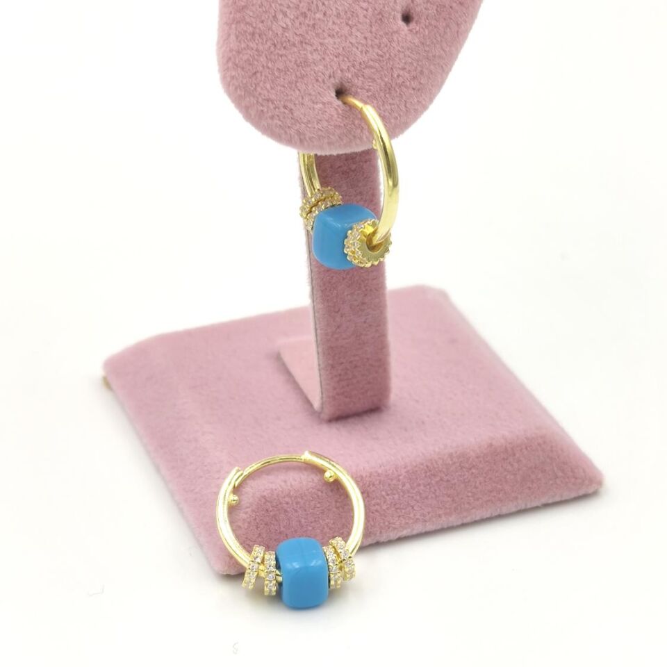 HALKALI MAVİ BONCUK HALKA GÜMÜŞ KÜPE ALTIN SARI - STD