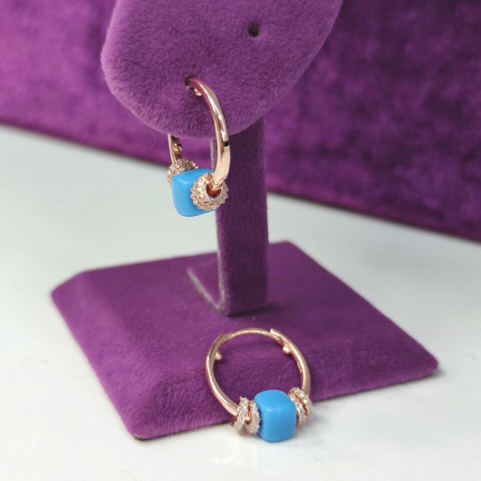 HALKALI MAVİ BONCUK HALKA GÜMÜŞ KÜPE ROSE BAKIR - STD