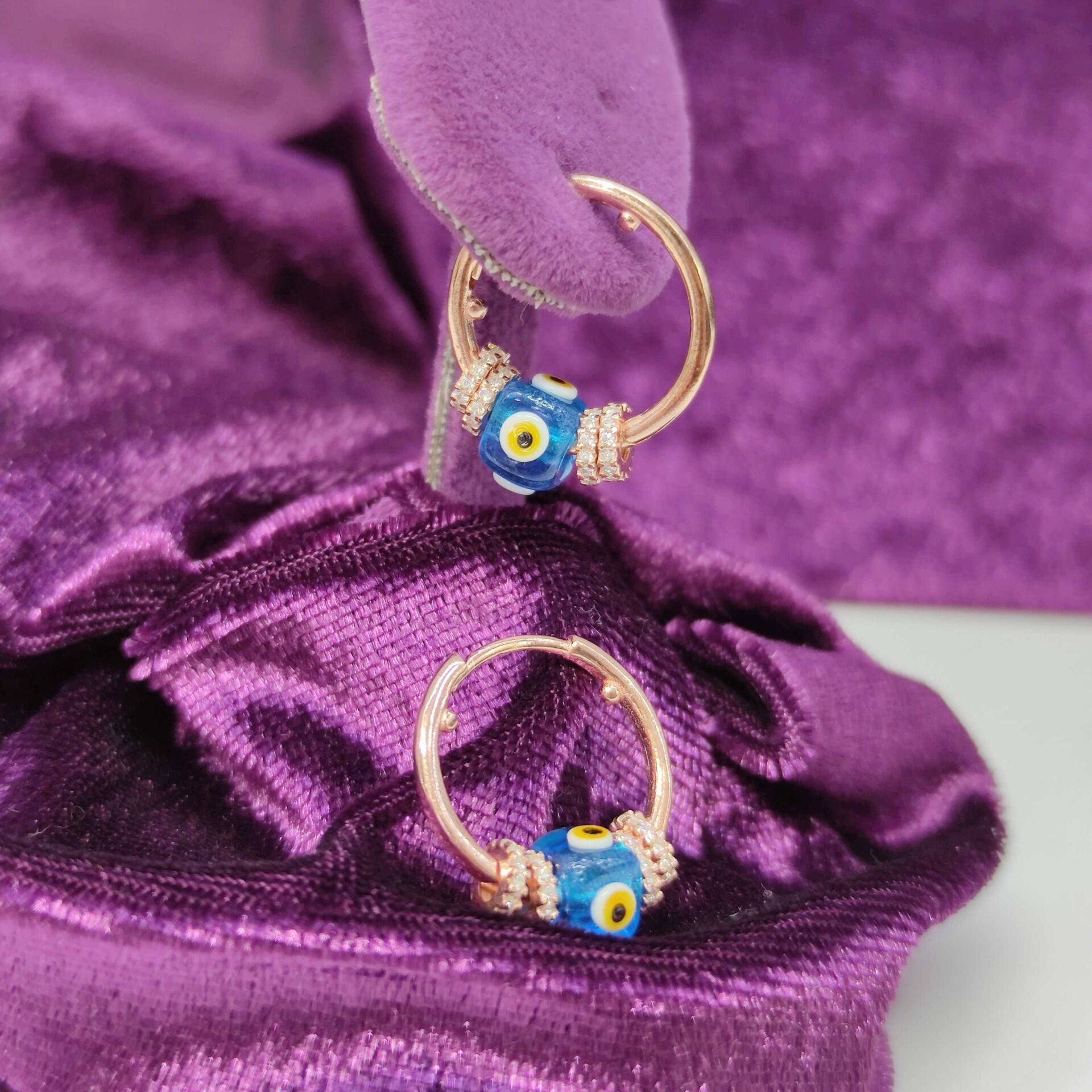 GÖZ CAM BONCUK HALKALI HALKA GÜMÜŞ KÜPE ROSE BAKIR - STD