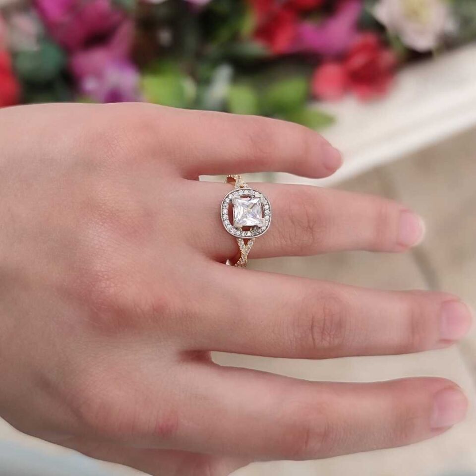 KARE TAŞLI GÜMÜŞ YÜZÜK ALTIN SARI - 20