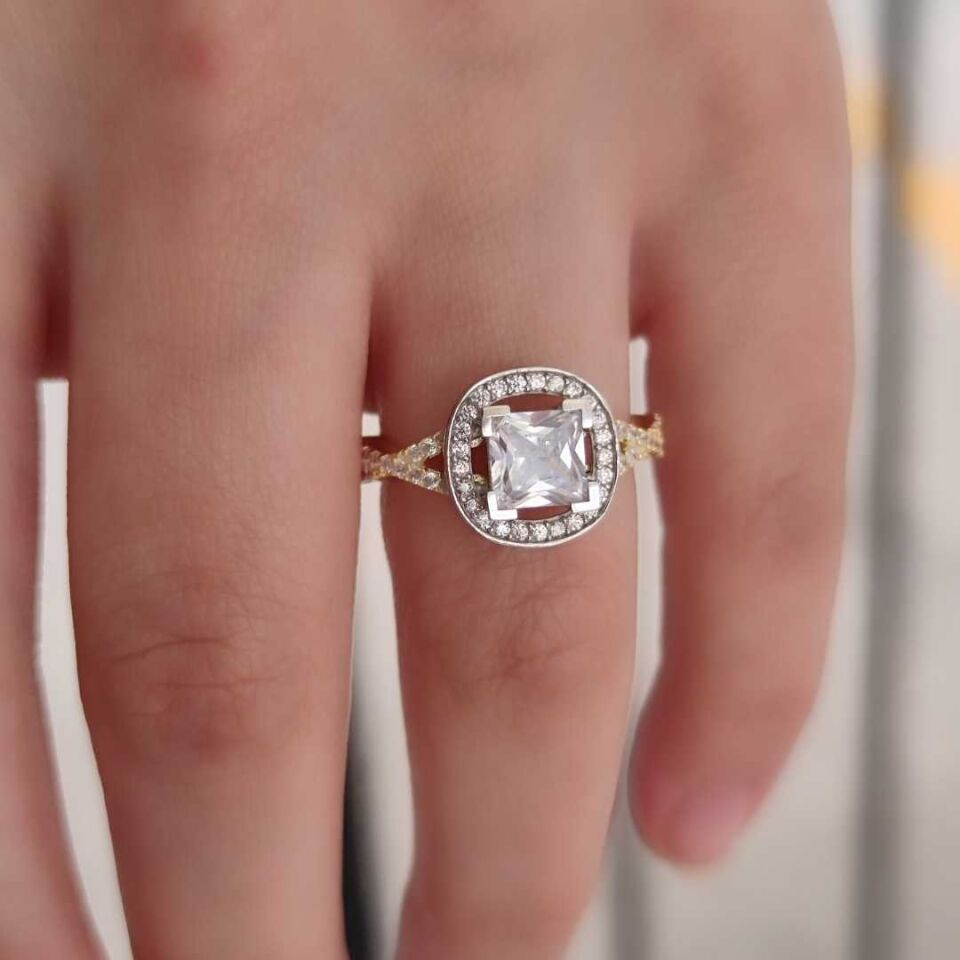 KARE TAŞLI GÜMÜŞ YÜZÜK ALTIN SARI - 20