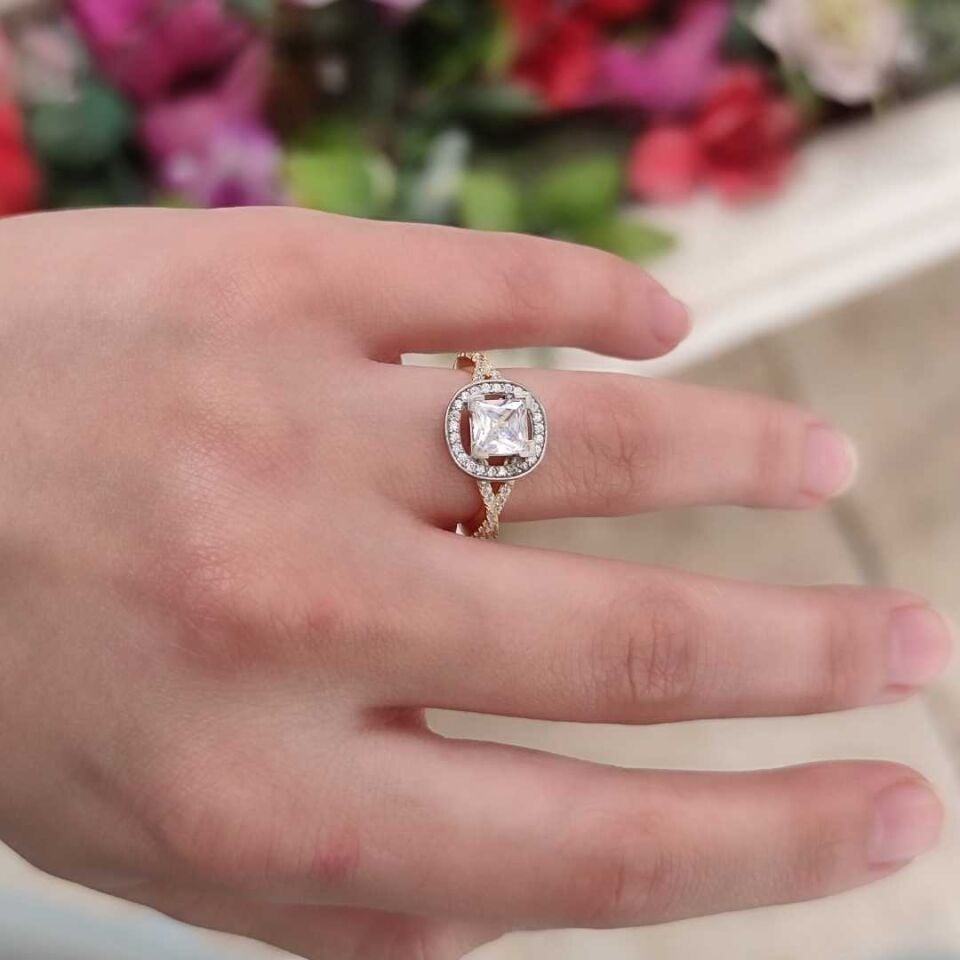 KARE TAŞLI GÜMÜŞ YÜZÜK ALTIN SARI - 15