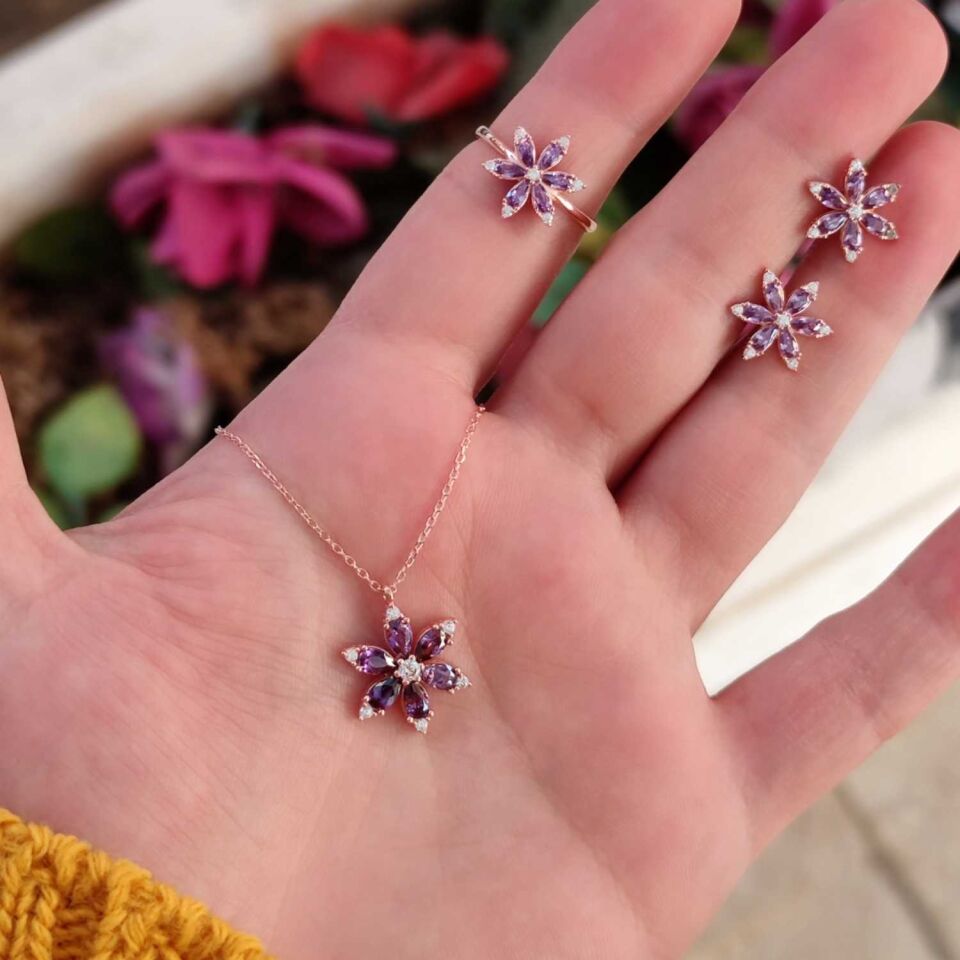MOR LOTUS ÇİÇEK GÜMÜŞ SET