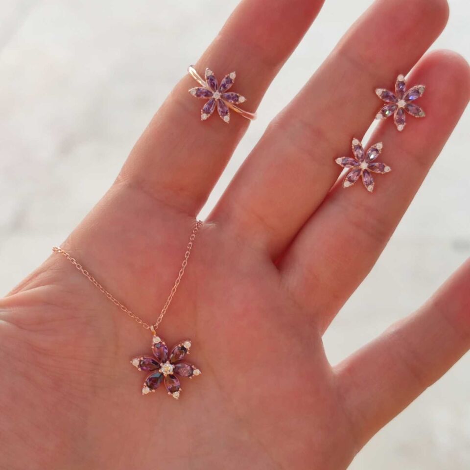 MOR LOTUS ÇİÇEK GÜMÜŞ SET