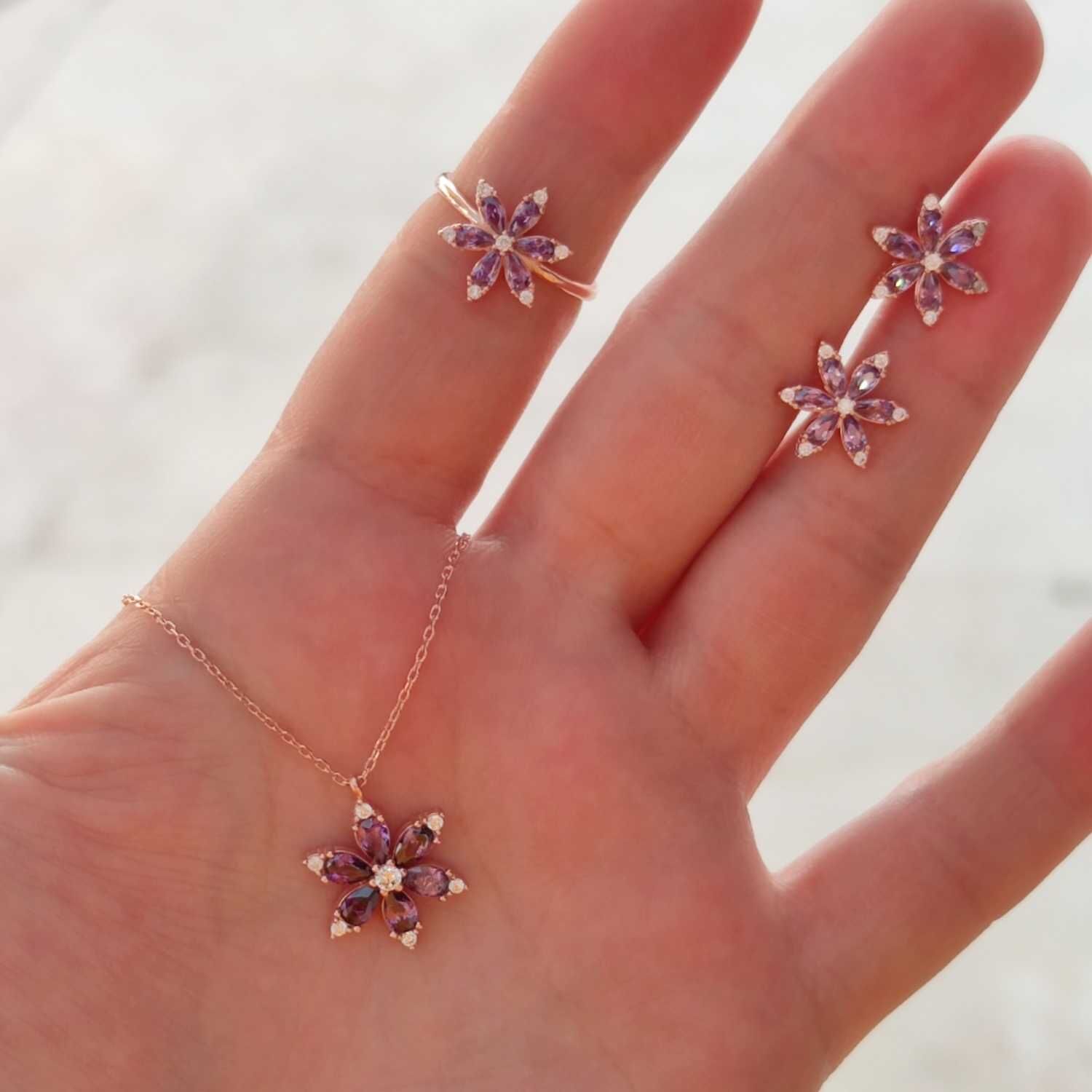 MOR LOTUS ÇİÇEK GÜMÜŞ SET