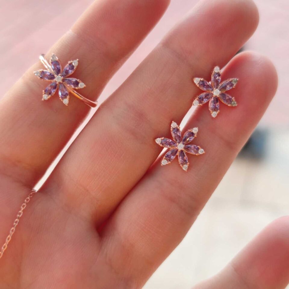 MOR LOTUS ÇİÇEK GÜMÜŞ SET