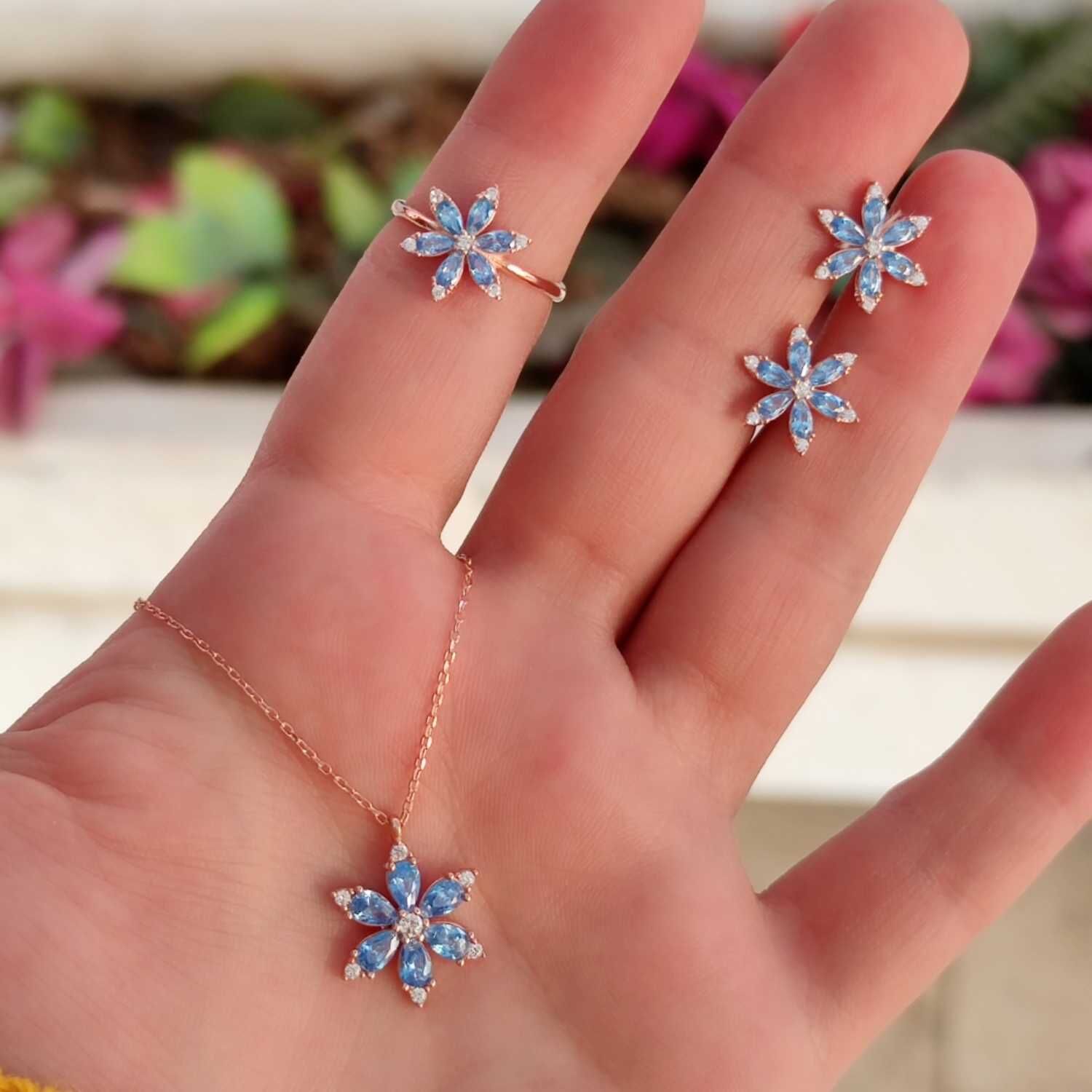 MAVİ LOTUS ÇİÇEK GÜMÜŞ SET ROSE BAKIR - 14