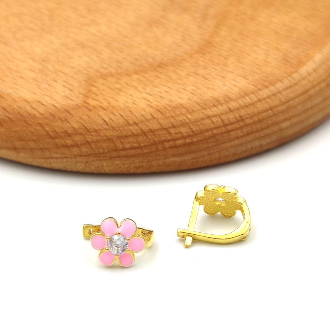 PEMBE MİNELİ PAPATYA GÜMÜŞ ÇOCUK KÜPE ALTIN SARI - STD