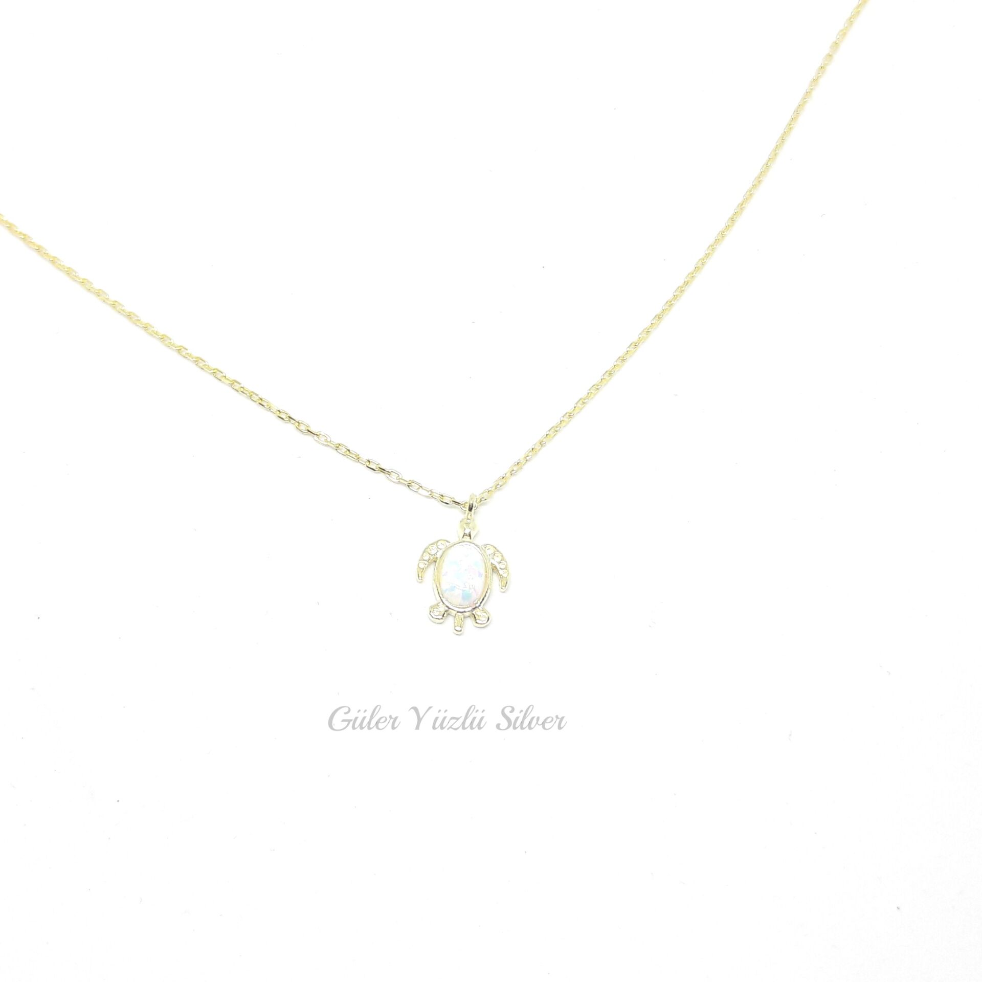 BEYAZ OPAL MİNİ KAPLUMBAĞA GÜMÜŞ KOLYE ALTIN SARI - STD