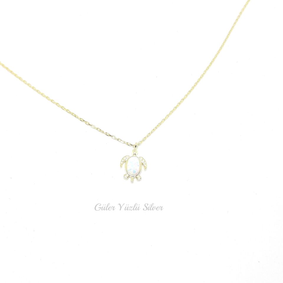 BEYAZ OPAL MİNİ KAPLUMBAĞA GÜMÜŞ KOLYE ALTIN SARI - STD