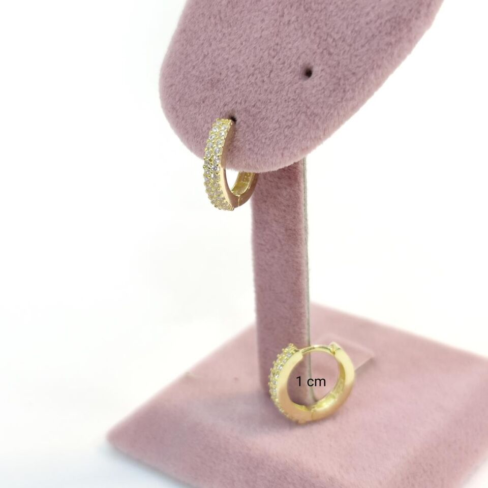 10 MM ÇİFT SIRA TAŞLI HALKA GÜMÜŞ KÜPE ALTIN SARI - STD