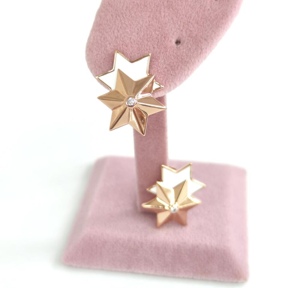 BİRLEŞİK YILDIZ BEYAZ MİNELİ GÜMÜŞ KÜPE ROSE BAKIR - STD