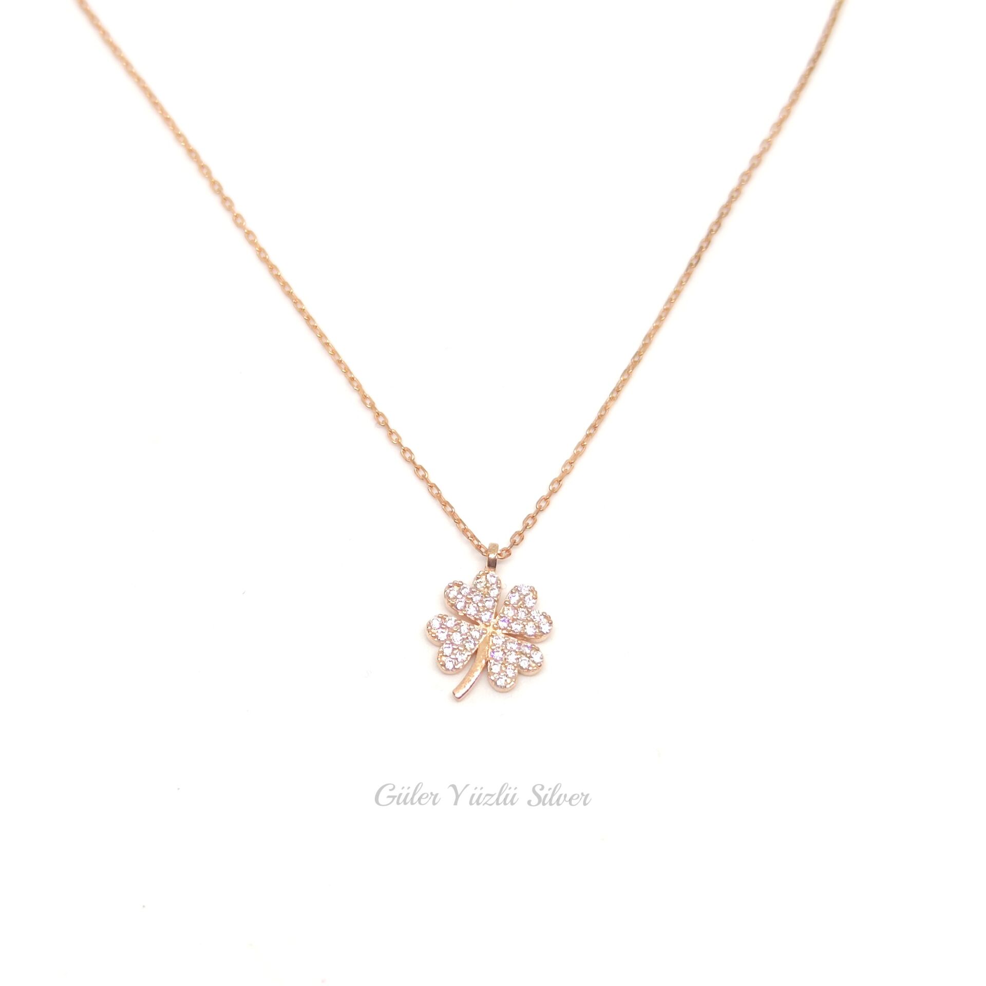 ROSE TAŞLI MİNİ YONCA GÜMÜŞ KOLYE
