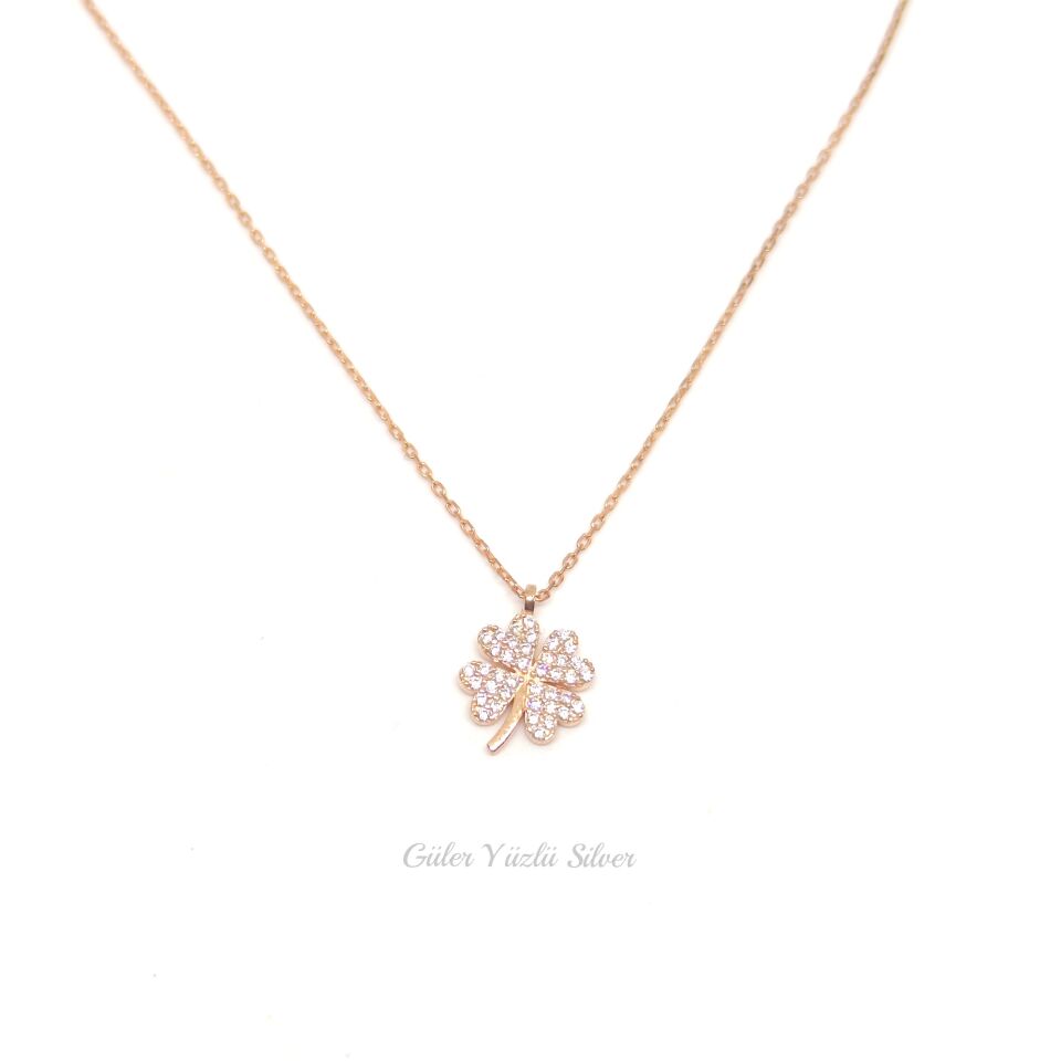 ROSE TAŞLI MİNİ YONCA GÜMÜŞ KOLYE