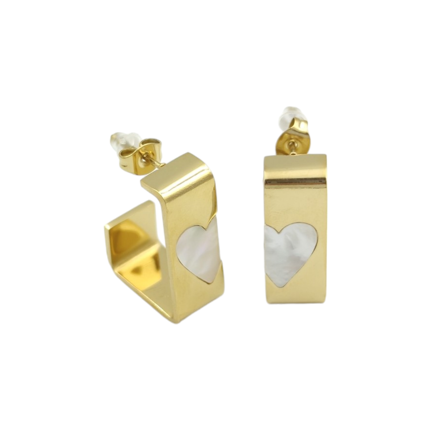 ÇELİK BEYAZ KALP DETAY U HALKA KÜPE ALTIN SARI - STD