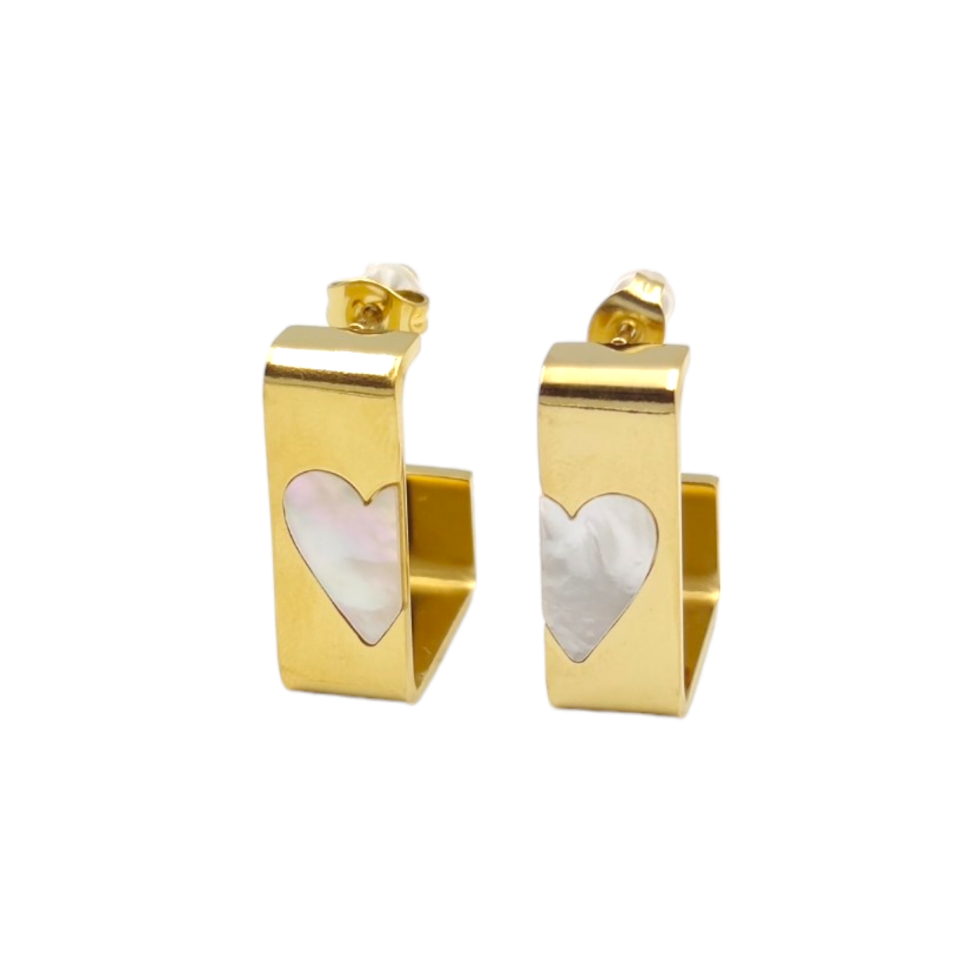 ÇELİK BEYAZ KALP DETAY U HALKA KÜPE ALTIN SARI - STD