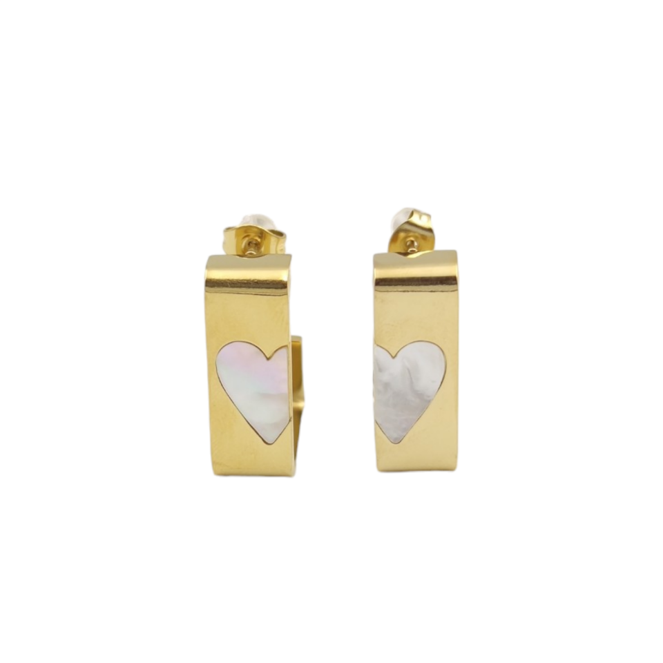 ÇELİK BEYAZ KALP DETAY U HALKA KÜPE ALTIN SARI - STD