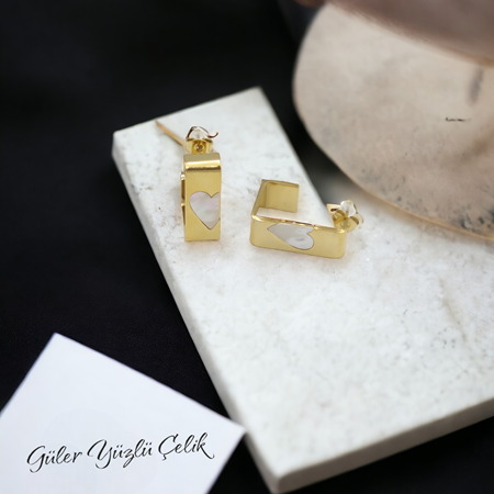 ÇELİK BEYAZ KALP DETAY U HALKA KÜPE ALTIN SARI - STD