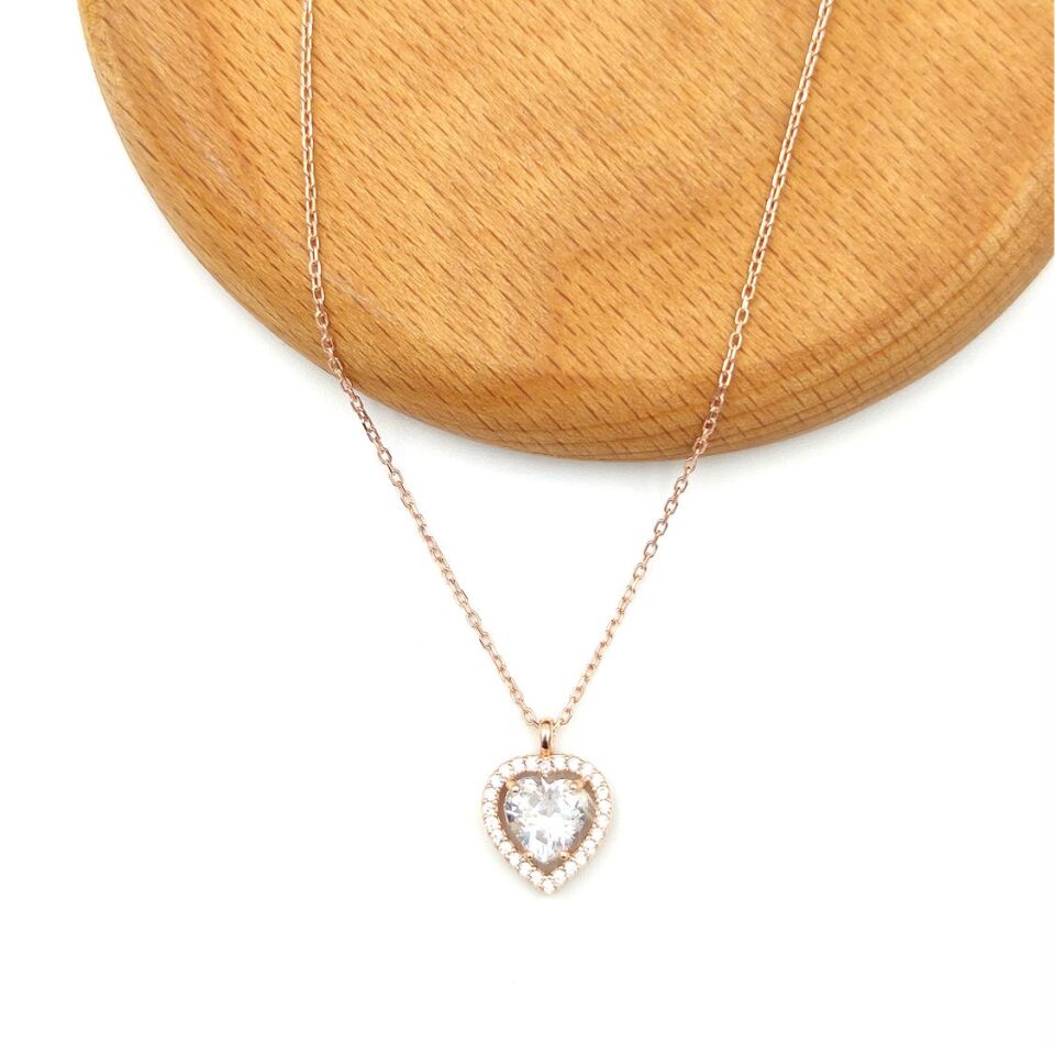 ZİRKON TAŞLI KALP GÜMÜŞ KOLYE ROSE BAKIR - STD