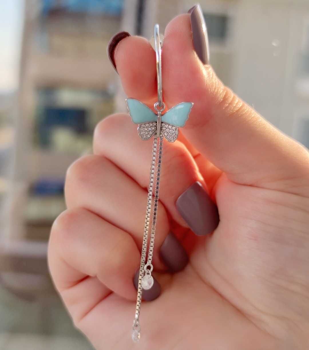 SALLANTILI MAVİ MİNELİ - TEK - KELEBEK GÜMÜŞ KÜPE