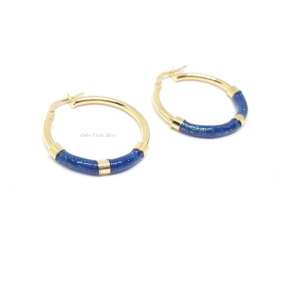 21 MM SİMLİ MAVİ MİNELİ İTALYAN GÜMÜŞ HALKA KÜPE ALTIN SARI - STD