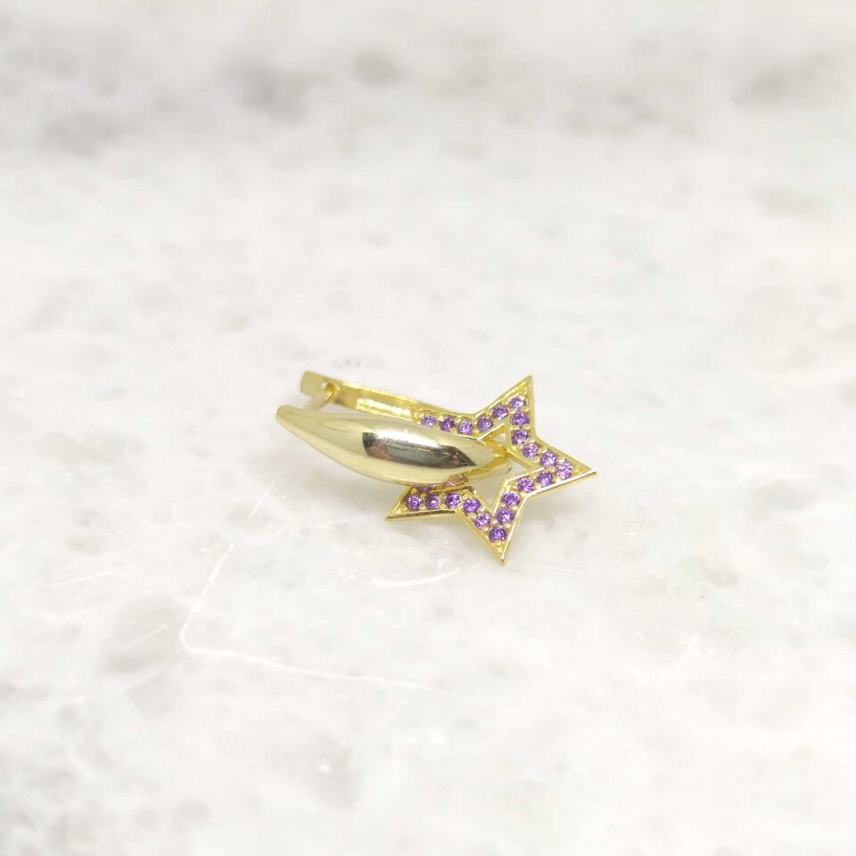 MOR TAŞLI YILDIZ TEK GÜMÜŞ U KÜPE ALTIN SARI - STD