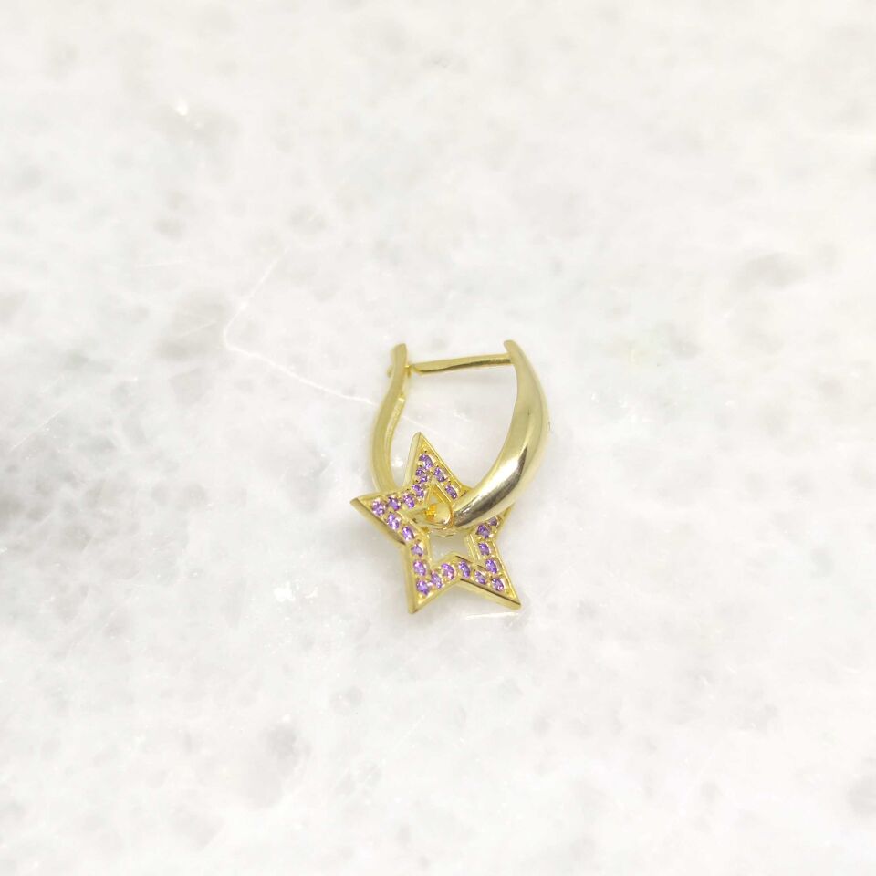 MOR TAŞLI YILDIZ TEK GÜMÜŞ U KÜPE ALTIN SARI - STD