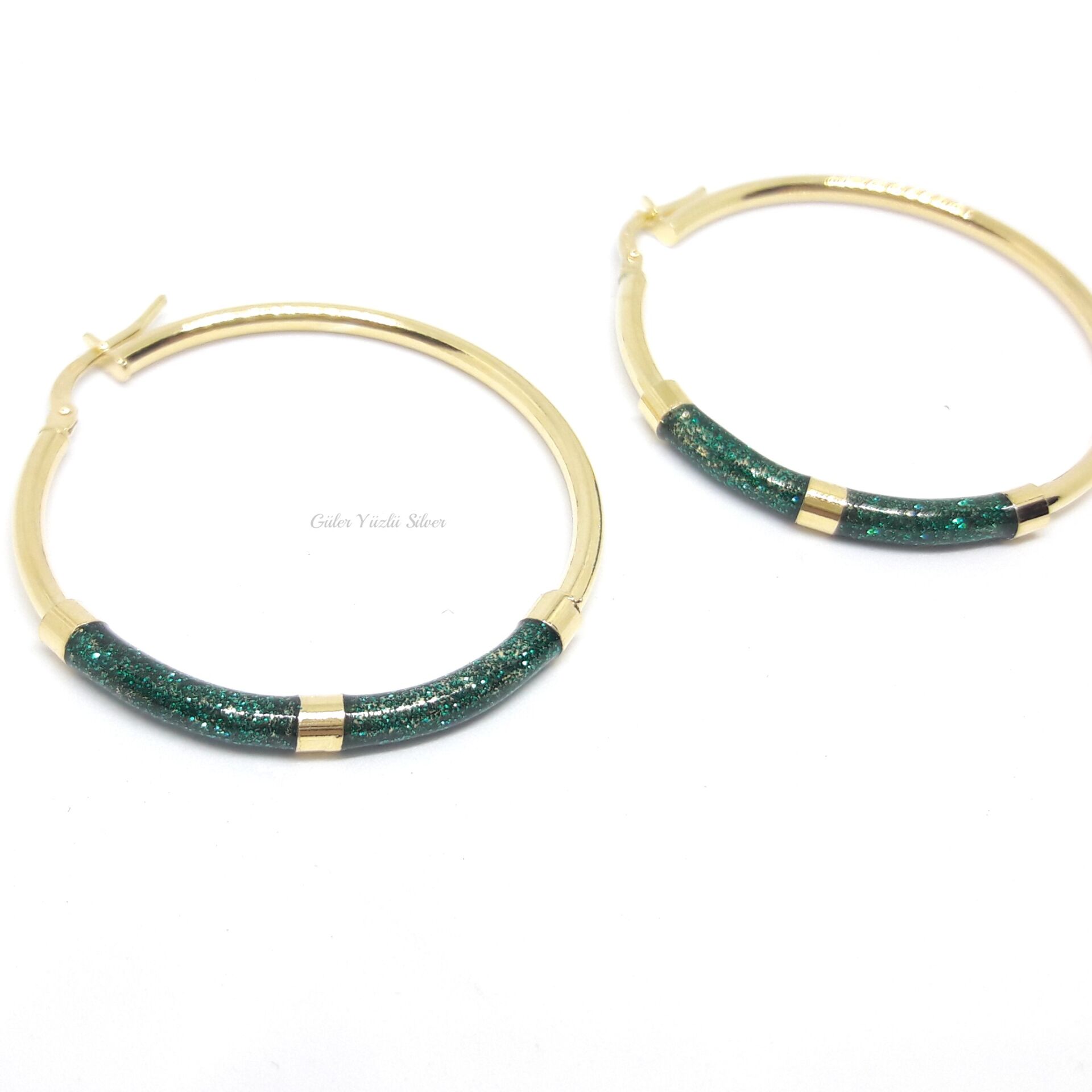 35 MM SİMLİ YEŞİL MİNELİ İTALYAN HALKA GÜMÜŞ KÜPE ALTIN SARI - STD