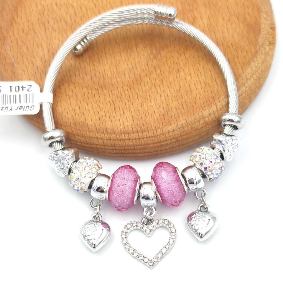 ÇELİK KALP PEMBE TOP SALLANTILI BİLEKLİK