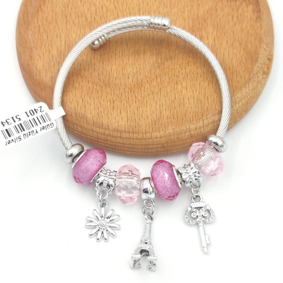 ÇELİK ANAHTAR PEMBE TOP SALLANTILI BİLEKLİK