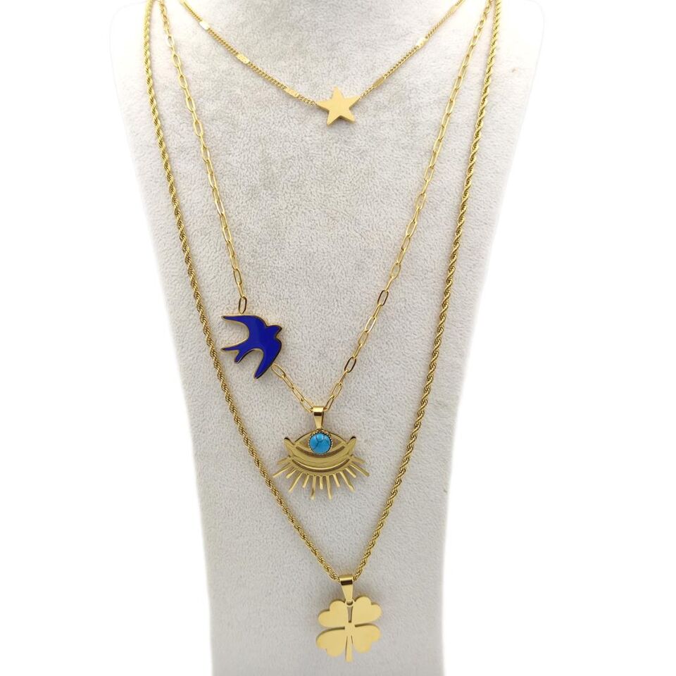 ÇELİK ÜÇLÜ YONCA YILDIZLI KOMBİN KOLYE ALTIN SARI - STD