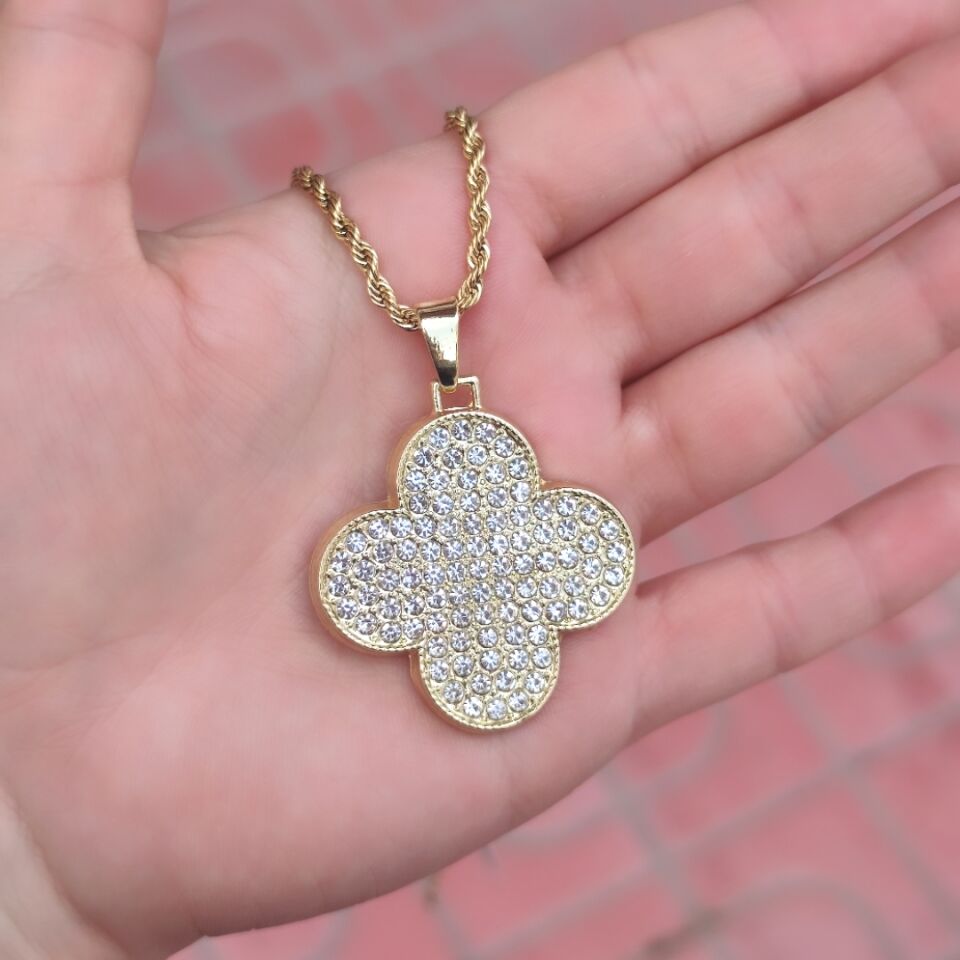 ÇELİK BURGU ZİNCİRLİ TAŞLI BÜYÜK YONCA KOLYE 65 CM ALTIN SARI - STD