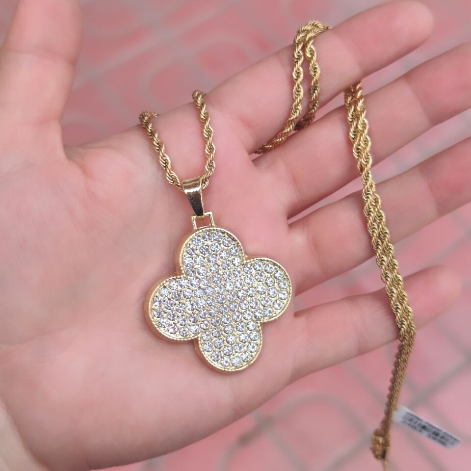 ÇELİK BURGU ZİNCİRLİ TAŞLI BÜYÜK YONCA KOLYE 65 CM ALTIN SARI - STD