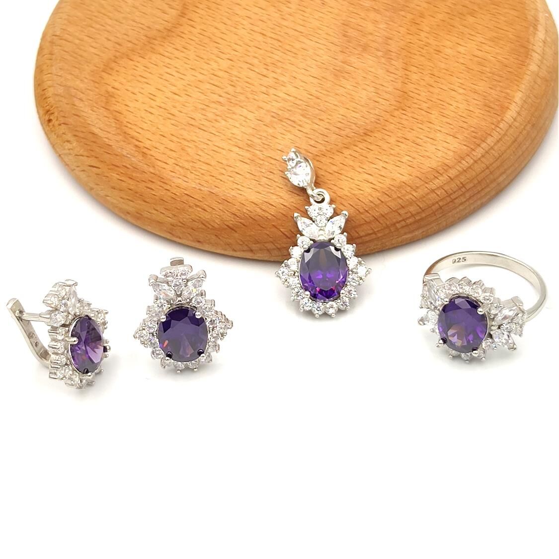 AMETİST ZİRKON TAŞLI GÜMÜŞ SET RODYUM BEYAZ - 17