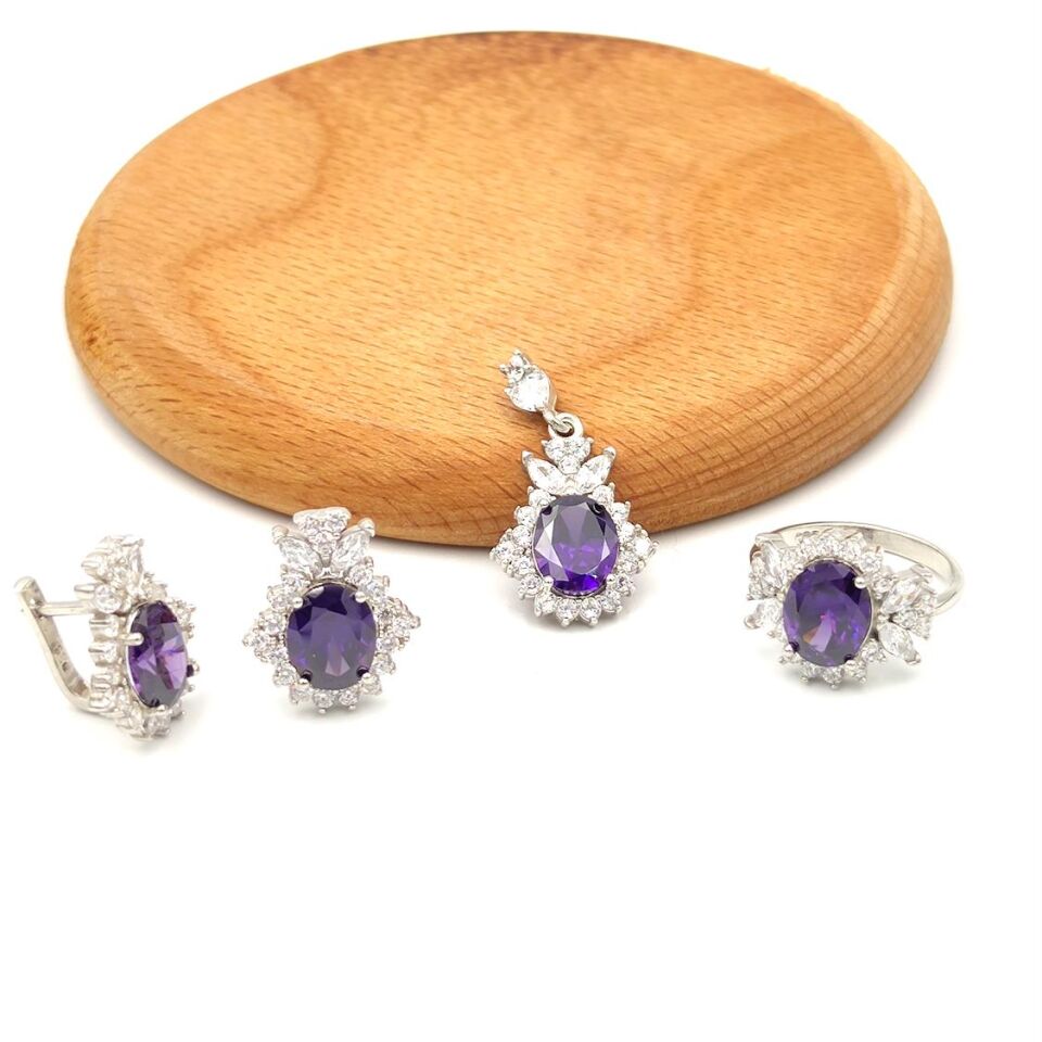 AMETİST ZİRKON TAŞLI GÜMÜŞ SET RODYUM BEYAZ - 17