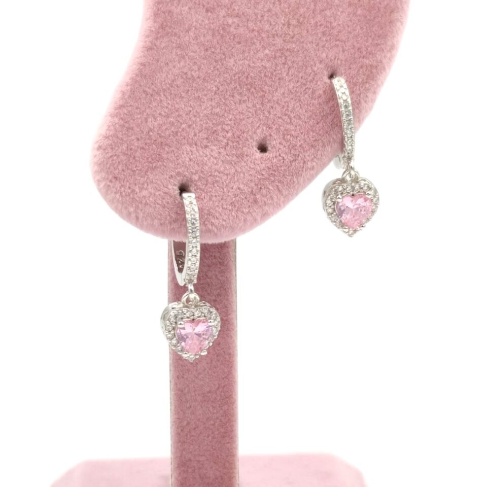 PEMBE MİNİ KALP TAŞLI HALKA GÜMÜŞ KÜPE RODYUM BEYAZ - STD