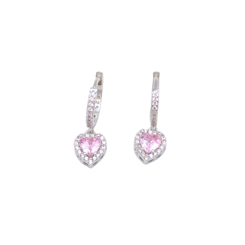 PEMBE MİNİ KALP TAŞLI HALKA GÜMÜŞ KÜPE RODYUM BEYAZ - STD