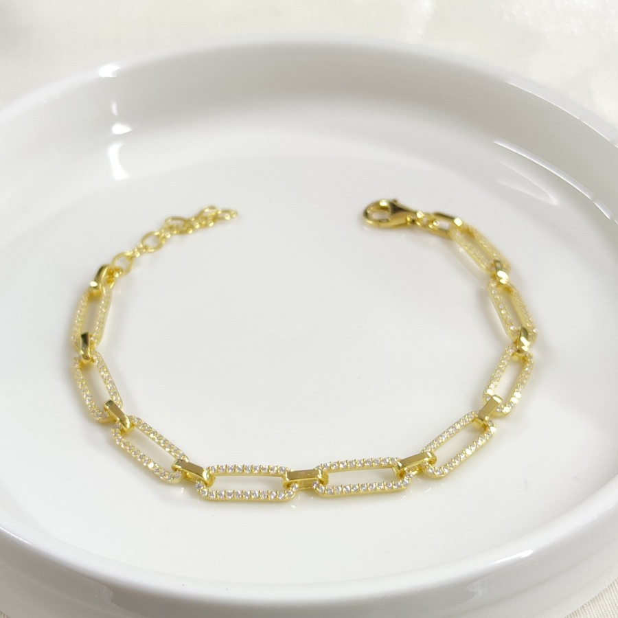 TAŞLI ATAÇ GÜMÜŞ BİLEKLİK 18 CM + 3 CM ALTIN SARI - STD