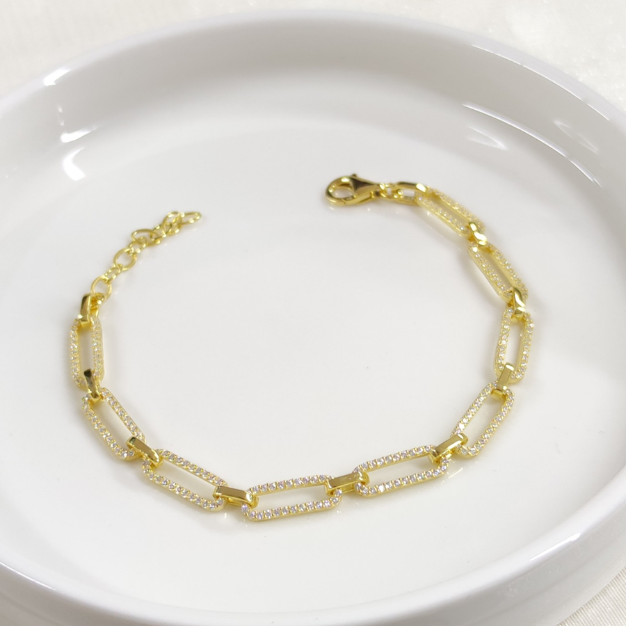 TAŞLI ATAÇ GÜMÜŞ BİLEKLİK 18 CM + 3 CM ALTIN SARI - STD