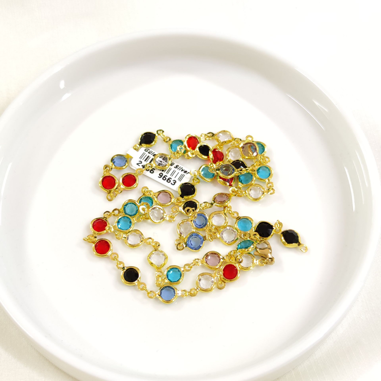 ÇELİK RENKLİ YUVARLAK TAŞLI Y KOLYE ZİNCİR GOLD 70 CM