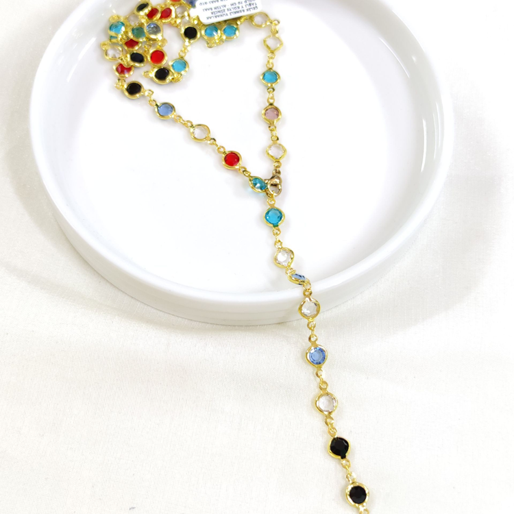 ÇELİK RENKLİ YUVARLAK TAŞLI Y KOLYE ZİNCİR GOLD 70 CM