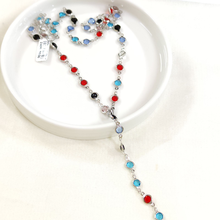 ÇELİK RENKLİ YUVARLAK TAŞLI Y KOLYE ZİNCİR GOLD 70 CM