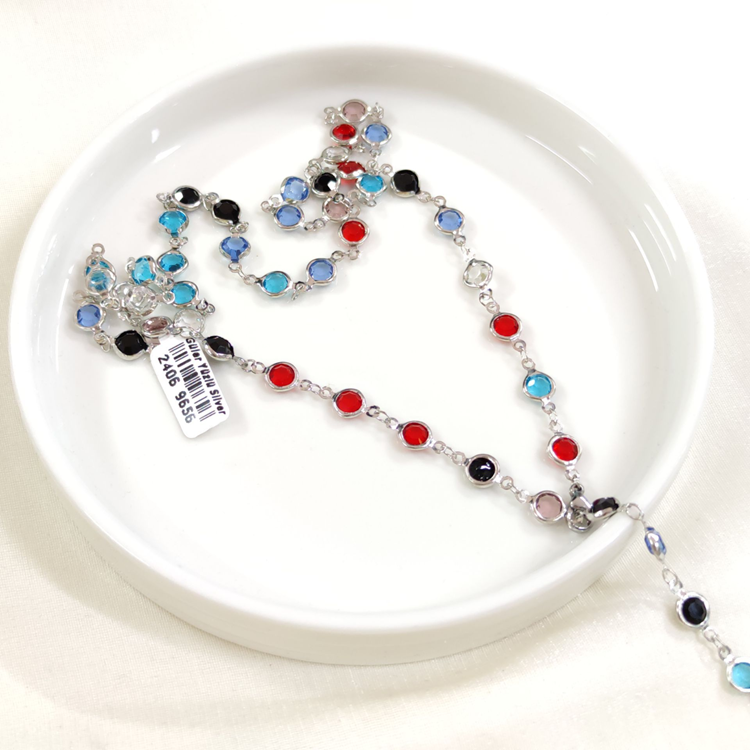 ÇELİK RENKLİ YUVARLAK TAŞLI Y KOLYE ZİNCİR GOLD 70 CM