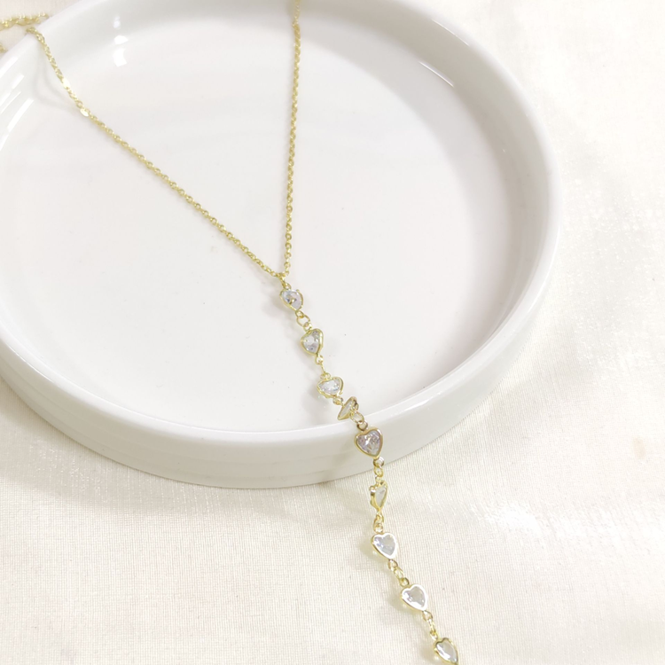 ÇELİK KALP TAŞLI Y KOLYE ZİNCİR GOLD 40+5 CM