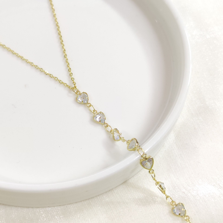 ÇELİK KALP TAŞLI Y KOLYE ZİNCİR GOLD 40+5 CM