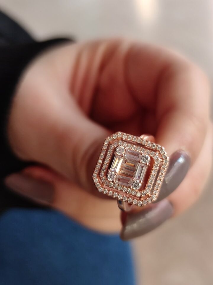 DİKDÖRTGEN PIRLANTA MONTÜR BAGET GÜMÜŞ YÜZÜK 13X15 ROSE BAKIR - 15