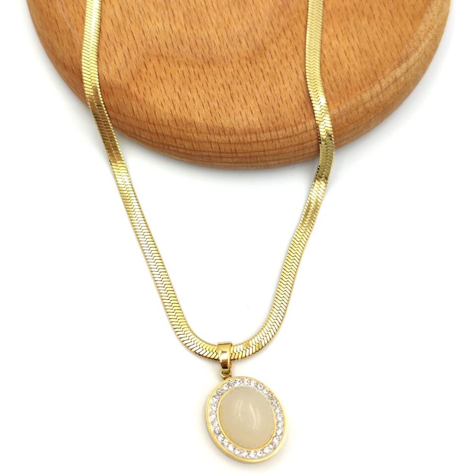 OVAL TAŞLI VINTAGE YASSI ÇELİK KOLYE